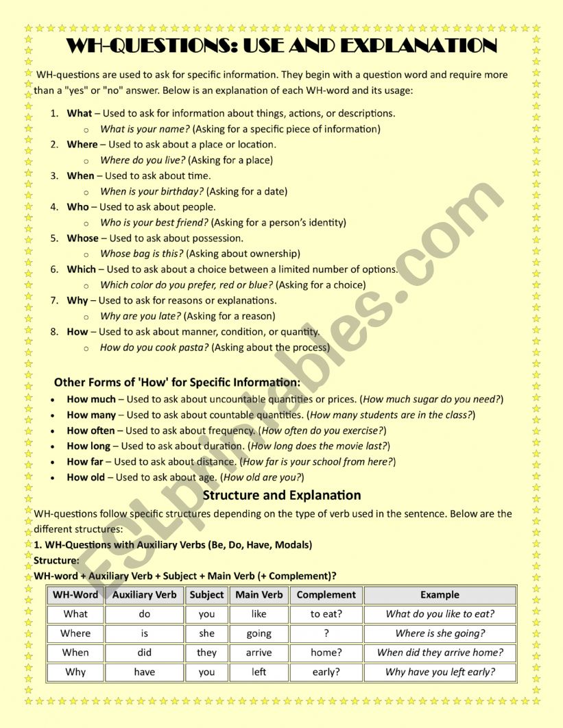 WH-QUESTIONS CONTENT worksheet