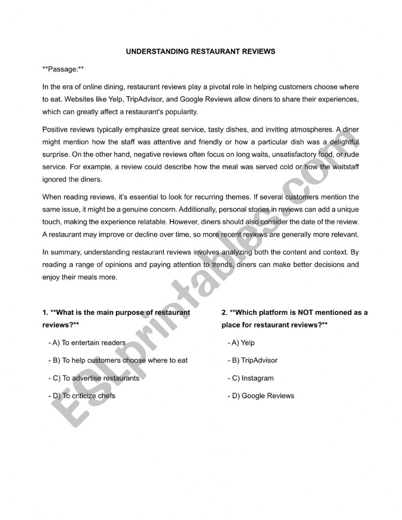 restaurants reviews worksheet