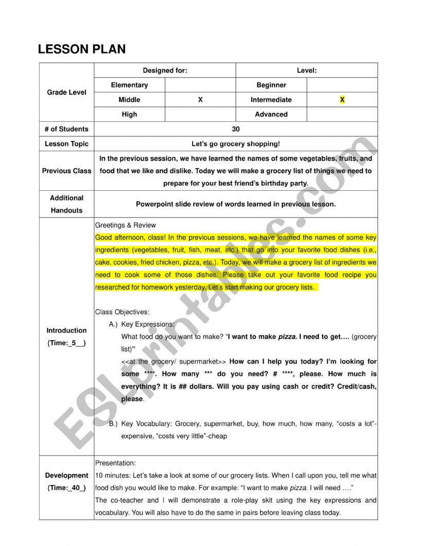Sample Middle School Intermediate level lesson plan