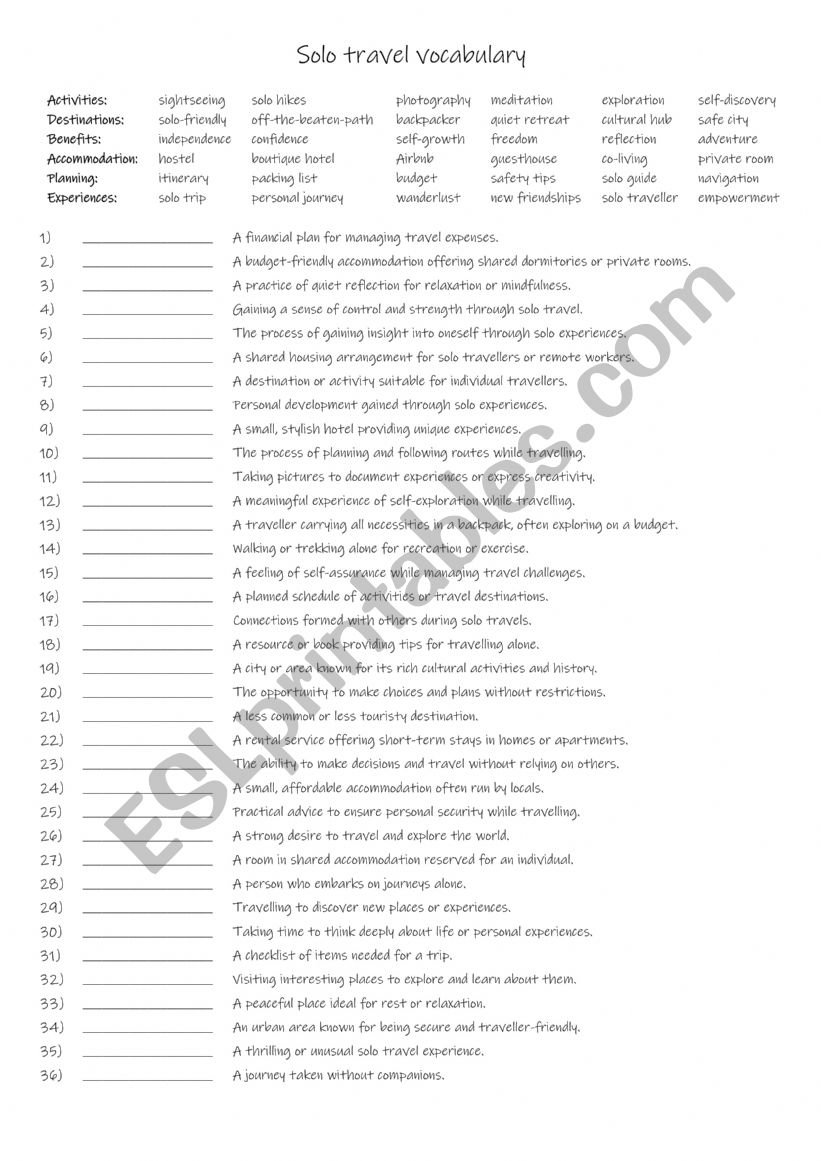 A2+-B1 Solo travel vocabulary worksheet
