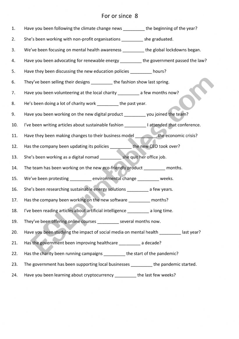 For or since 8 worksheet