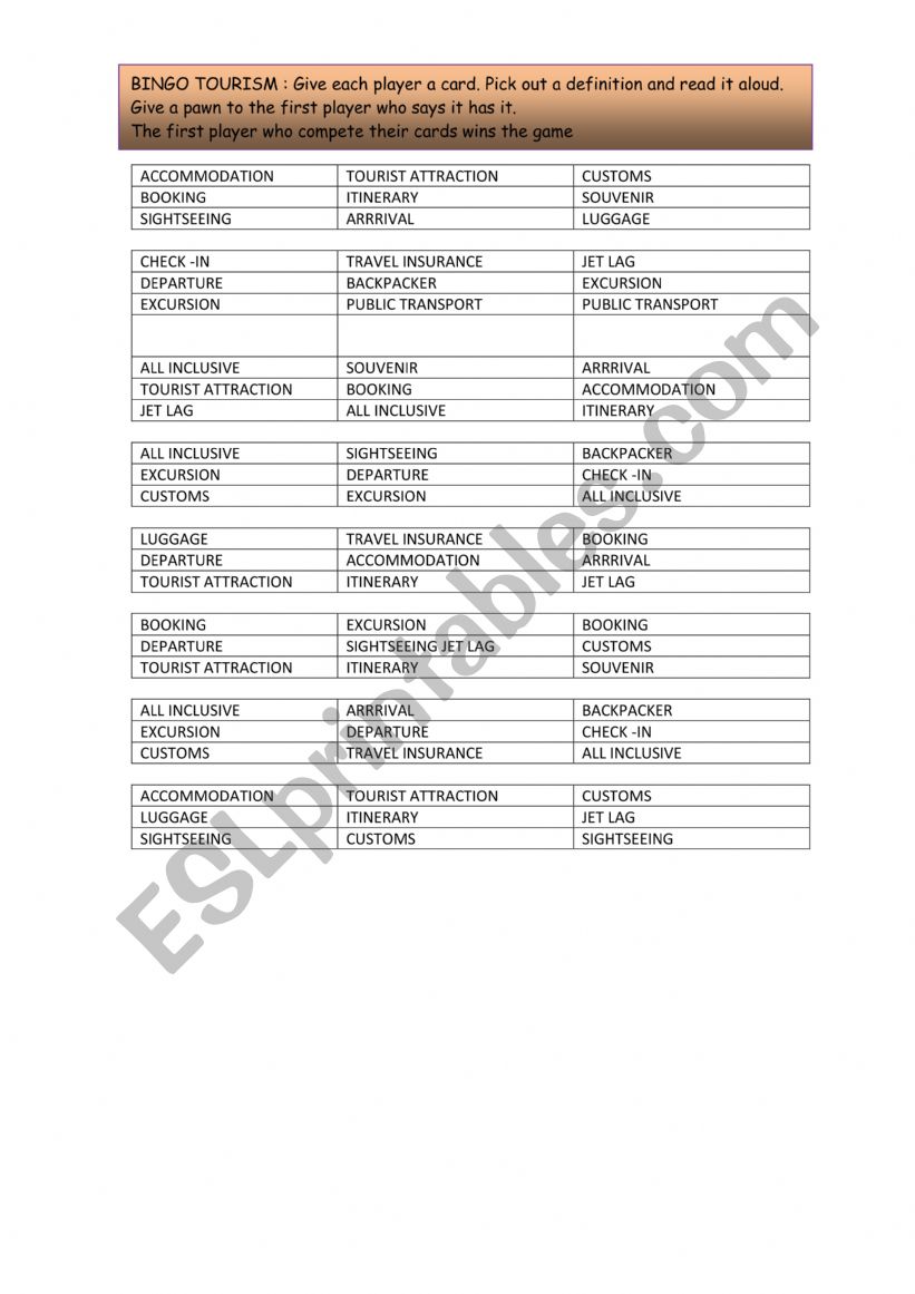 bingo tourism worksheet