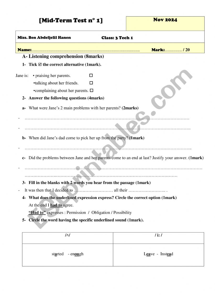 Mid Term Test N1  3rd Form worksheet