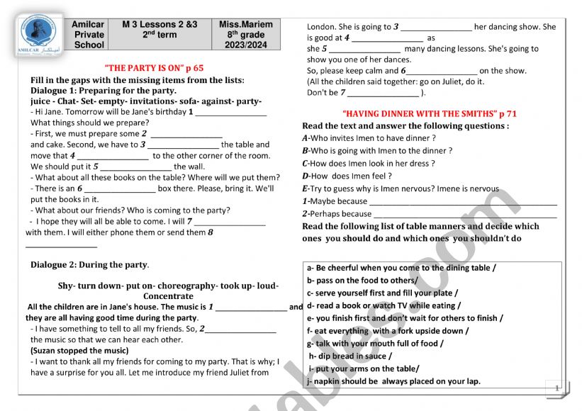 M3 Lesson 2& 3 worksheet