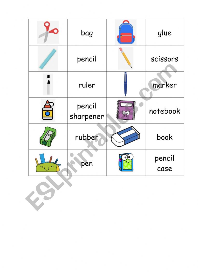 School supplies domino worksheet