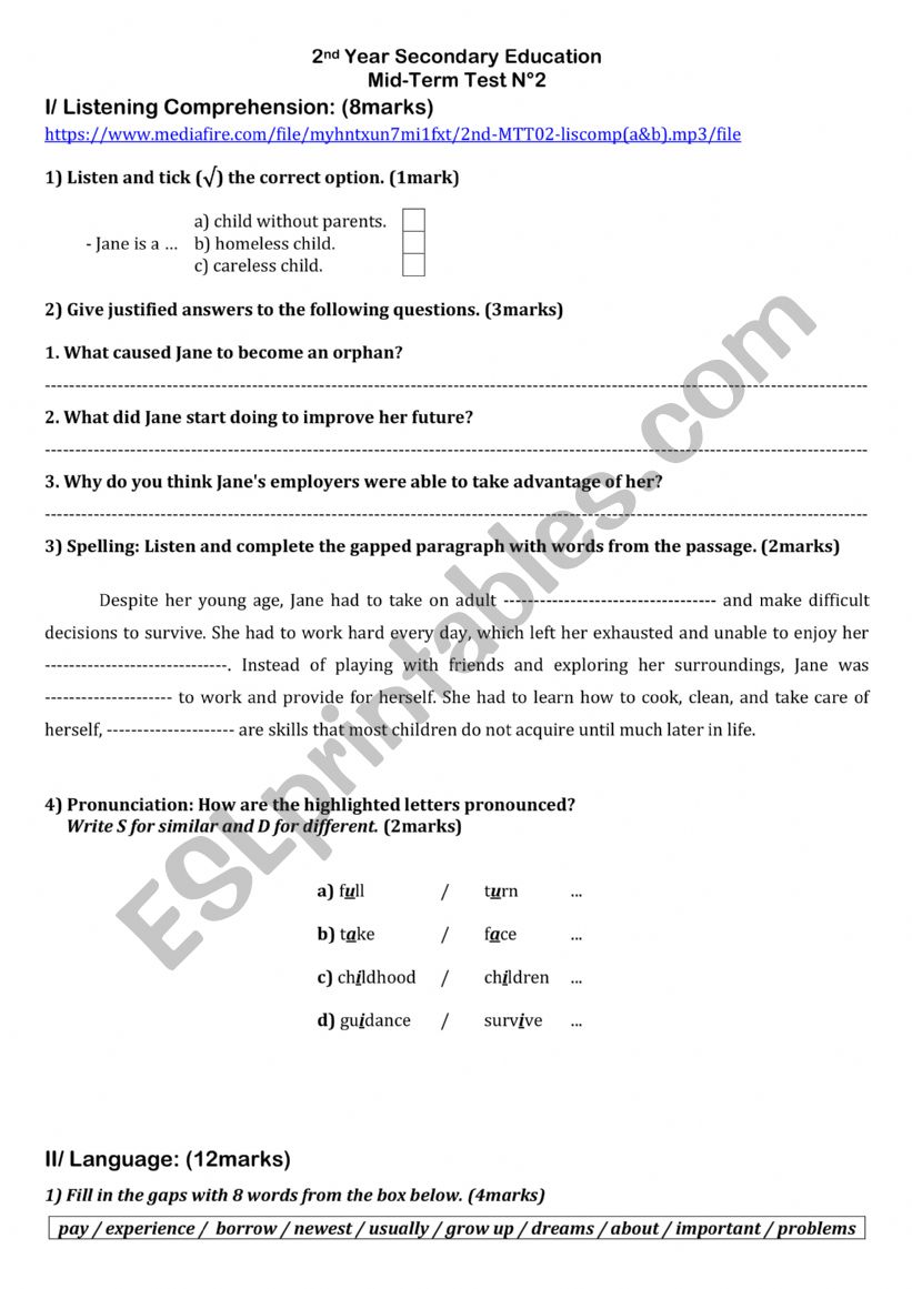 2nd YSE: Mid-Term Test 2 (B) worksheet
