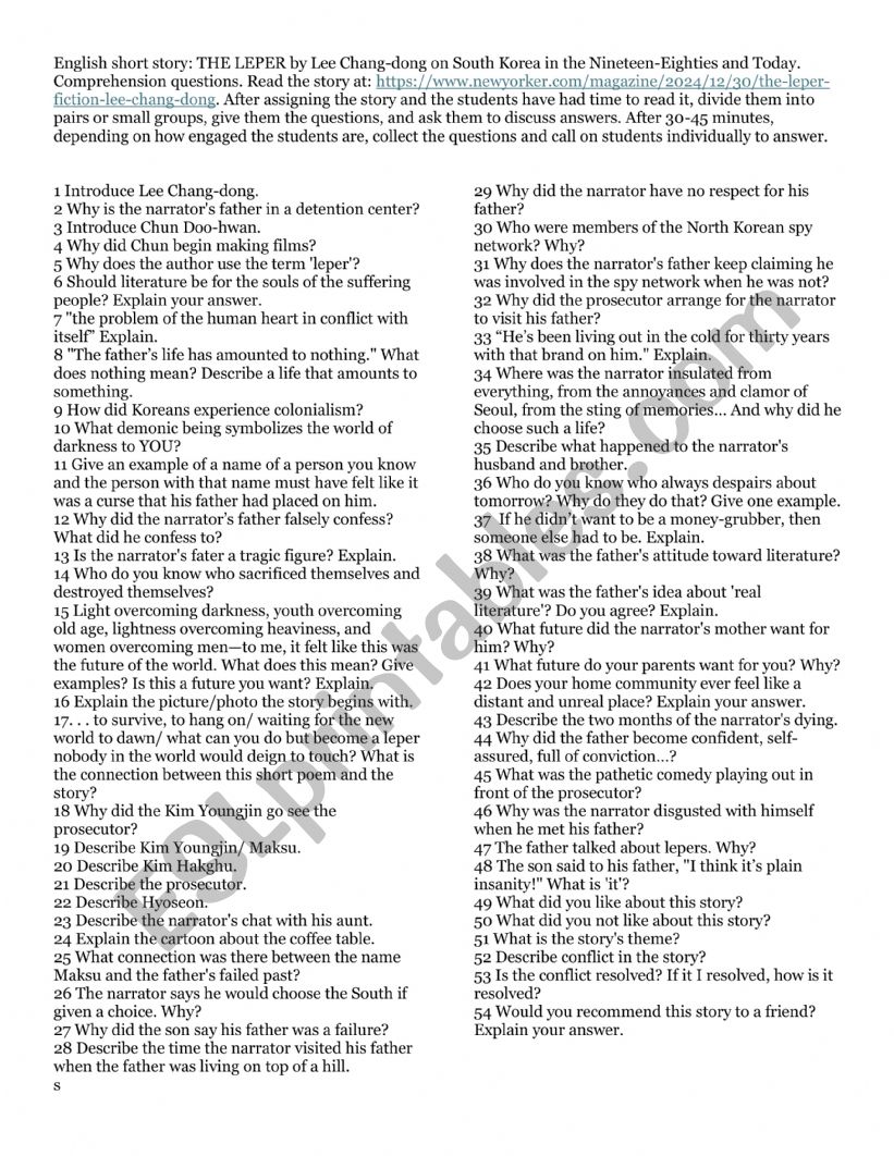 English short story: THE LEPER by Lee Chang-dong on South Korea in the Nineteen-Eighties and Today. Comprehension questions. 