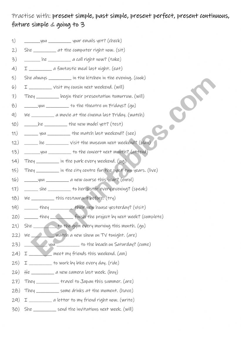 A2+-B1 Practise with present simple, past simple, present perfect, present continuous, future simple & going to 3