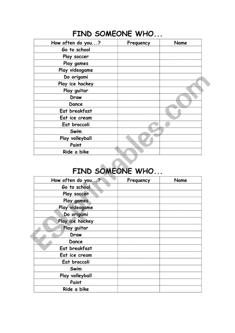 FIND SOMEONE WHO - HOW OFTEN worksheet
