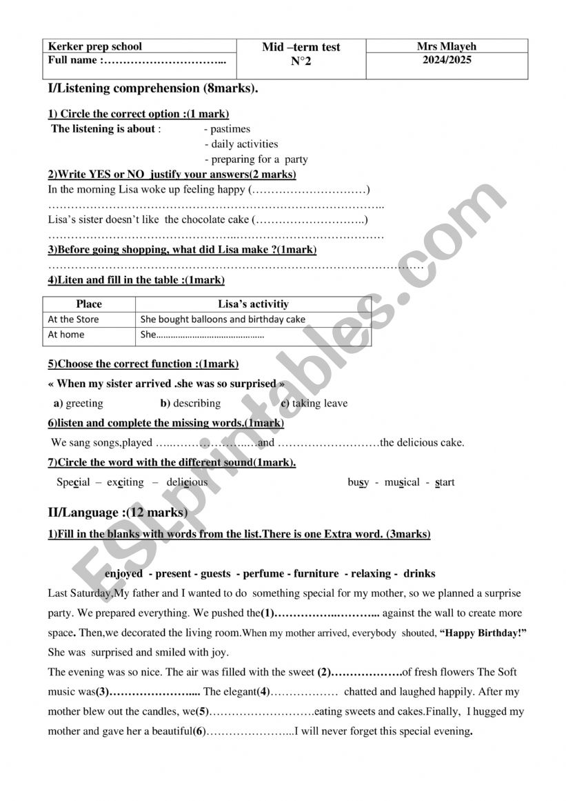 8th form mid term test 2 2025 worksheet