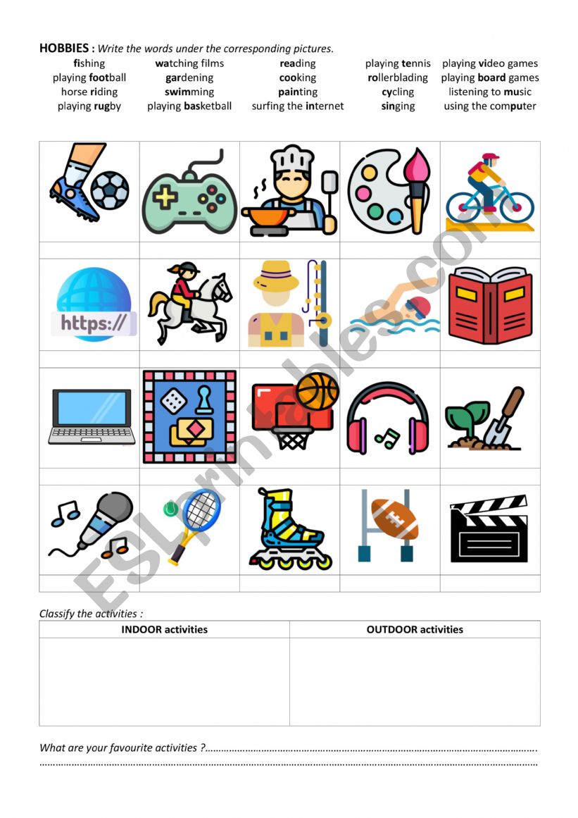 Hobbies vocabulary worksheet worksheet