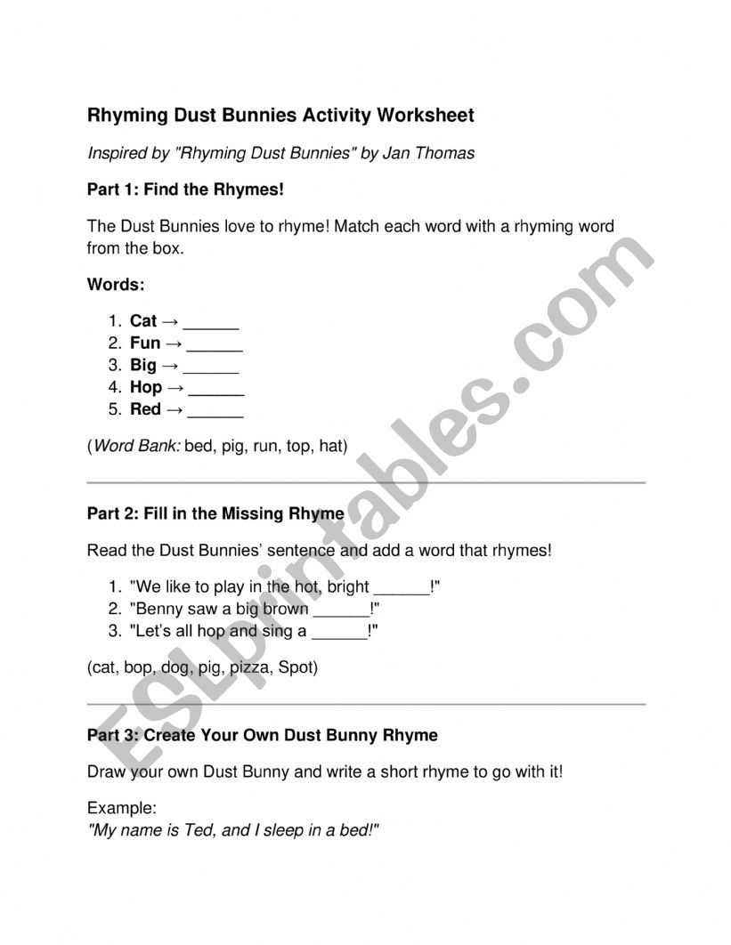 Rhyming Dust Bunnies Worksheet