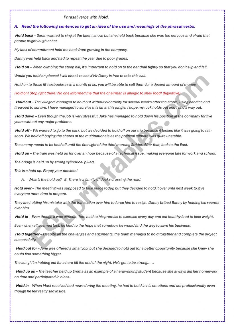 PHRASAL VERBS WITH HOLD worksheet