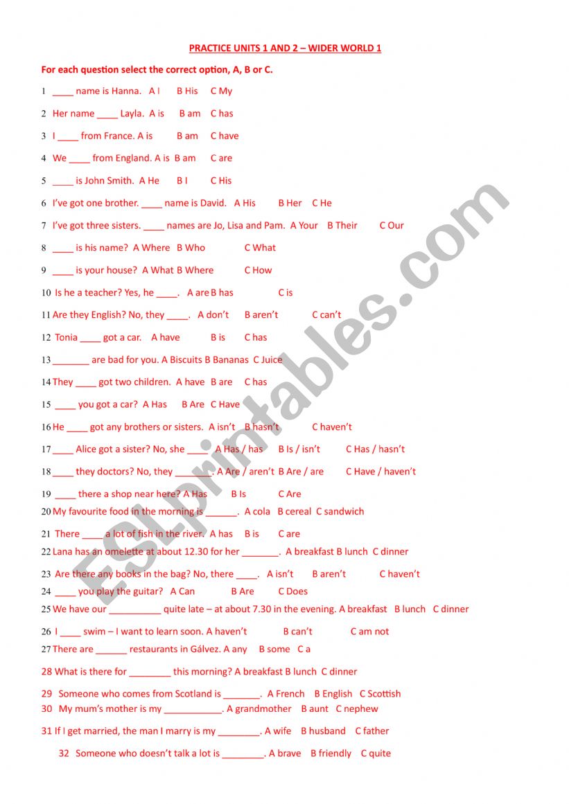 Practice Units 1 and 2 Wider World 1