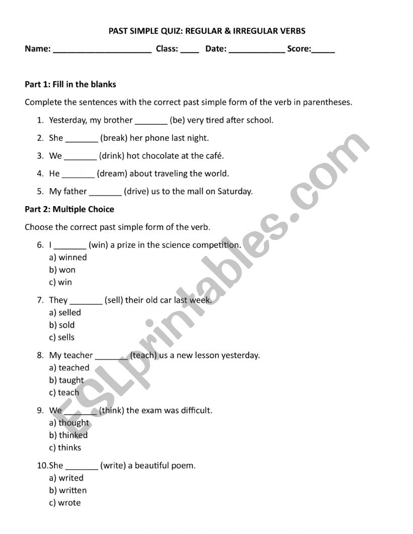 Past simple quiz worksheet