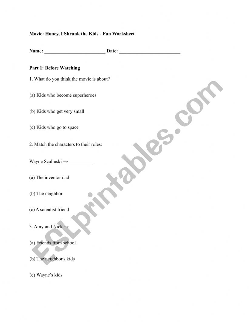 Honey I Shrunk the Kids worksheet
