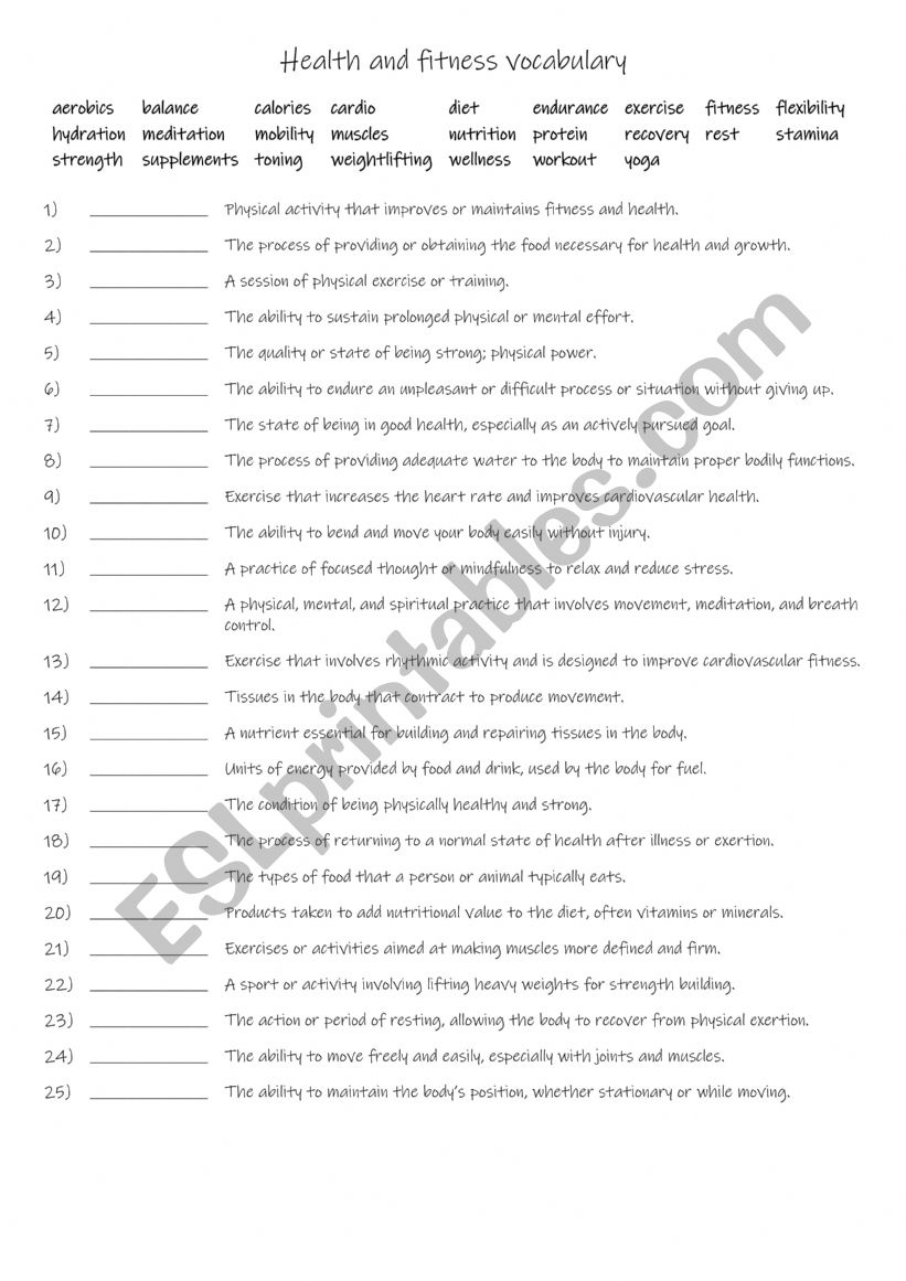 A2+-B1+ Health and fitness vocabulary