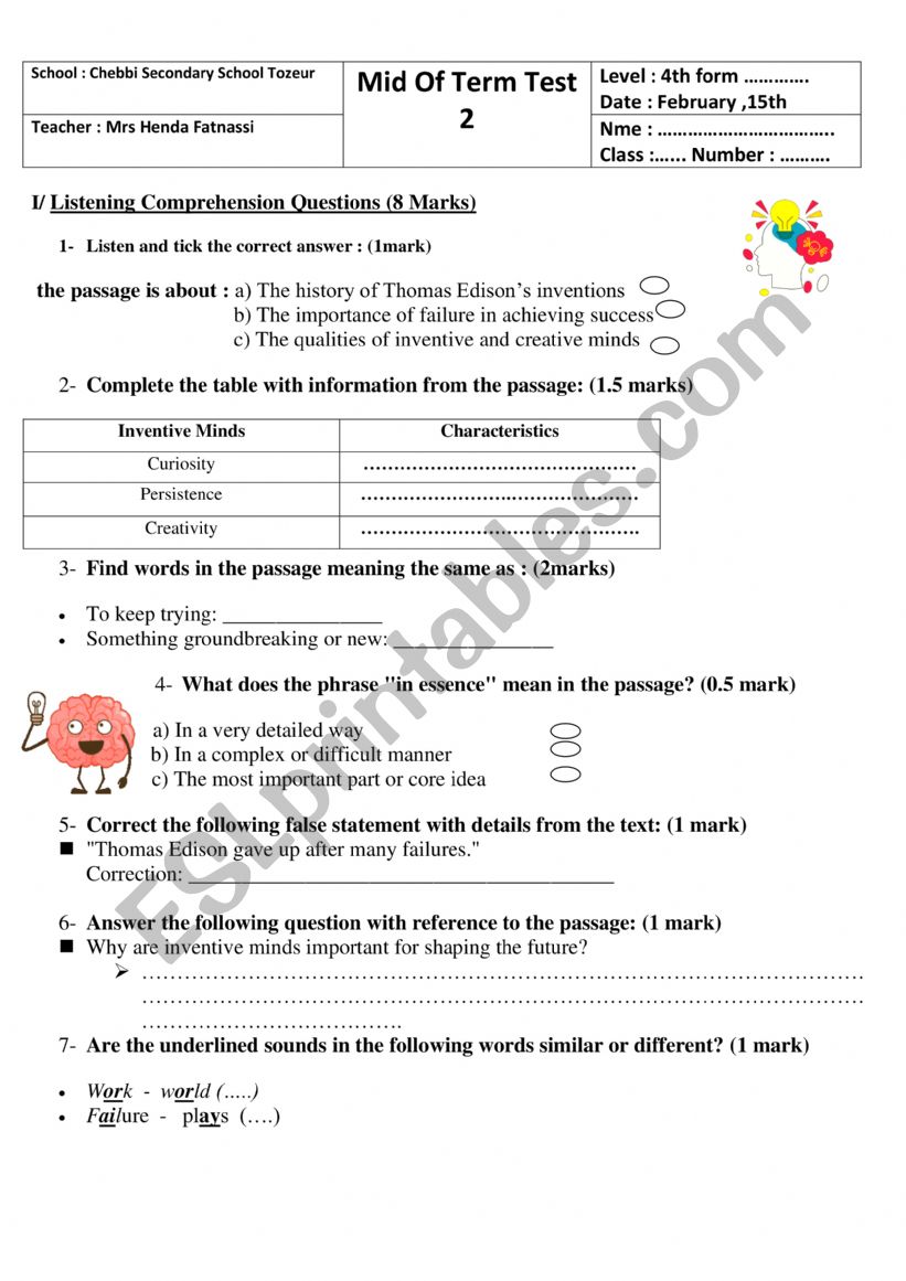 4th form mid of term 2 test worksheet