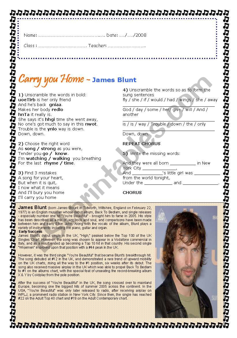 Carry You Home - James Blunt worksheet