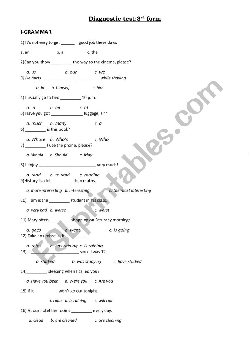 diagnostic test worksheet