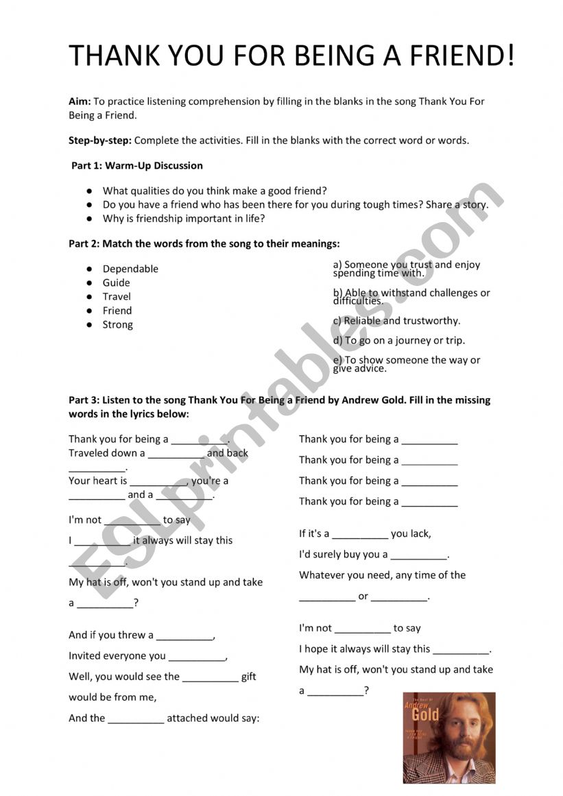 Thank you for being a friend! worksheet