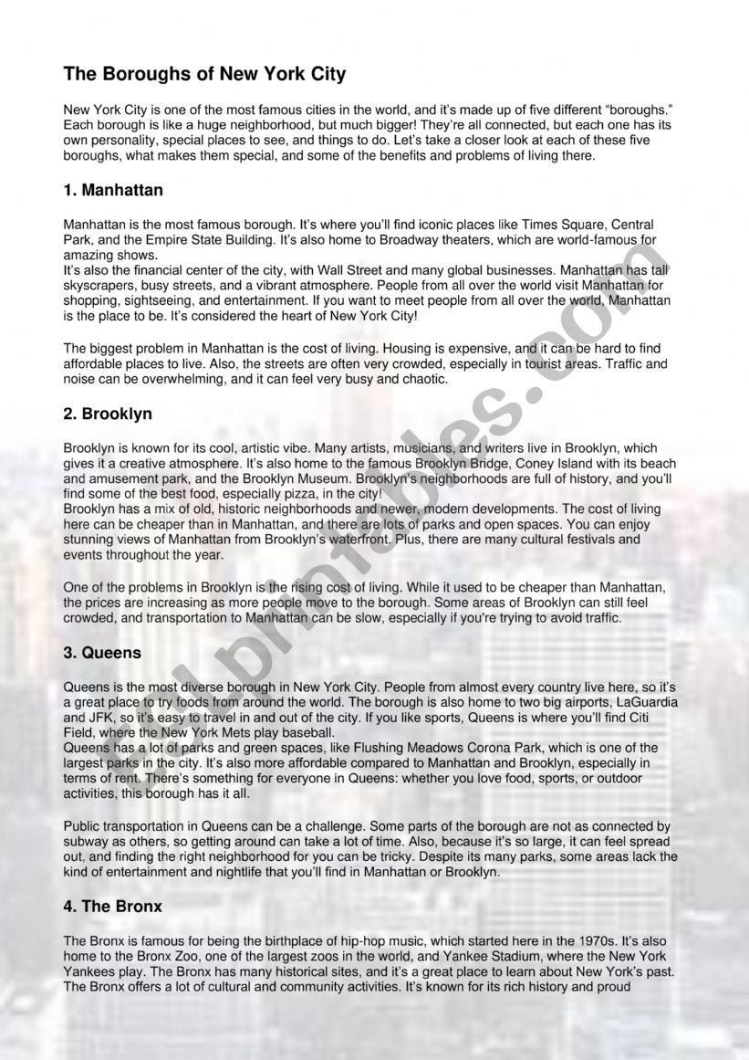 The five boroughs of New York worksheet