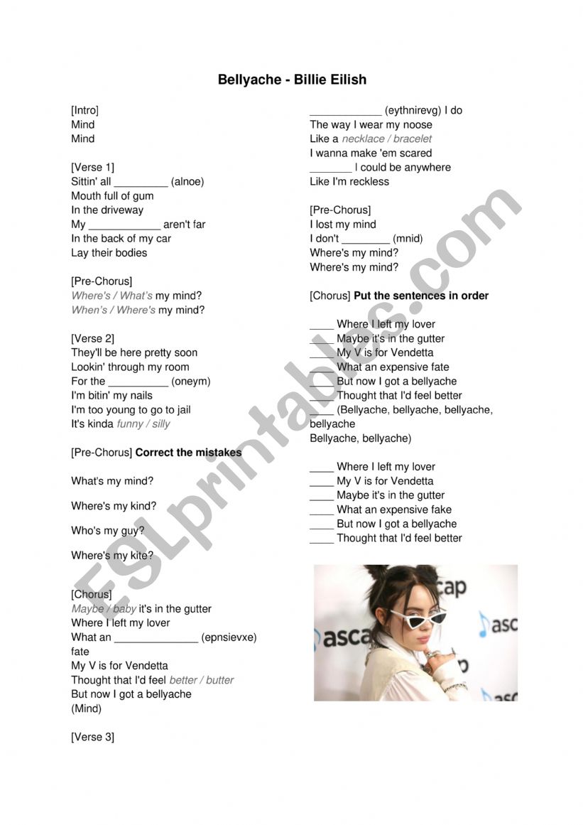 billie elish song worksheet