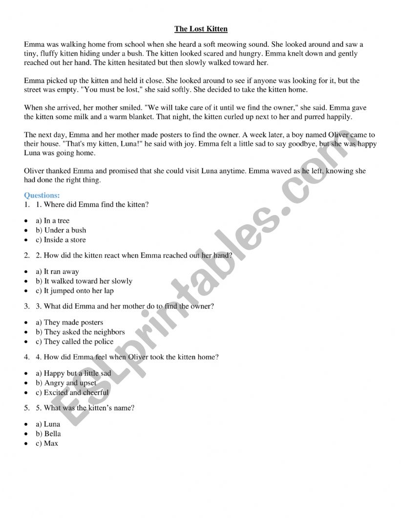 The Lost Kitten Simple Past worksheet
