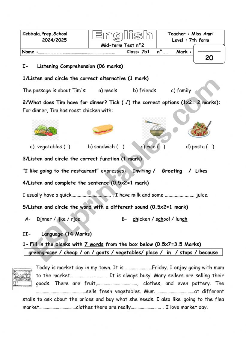 mid term Test n 2 7th form worksheet