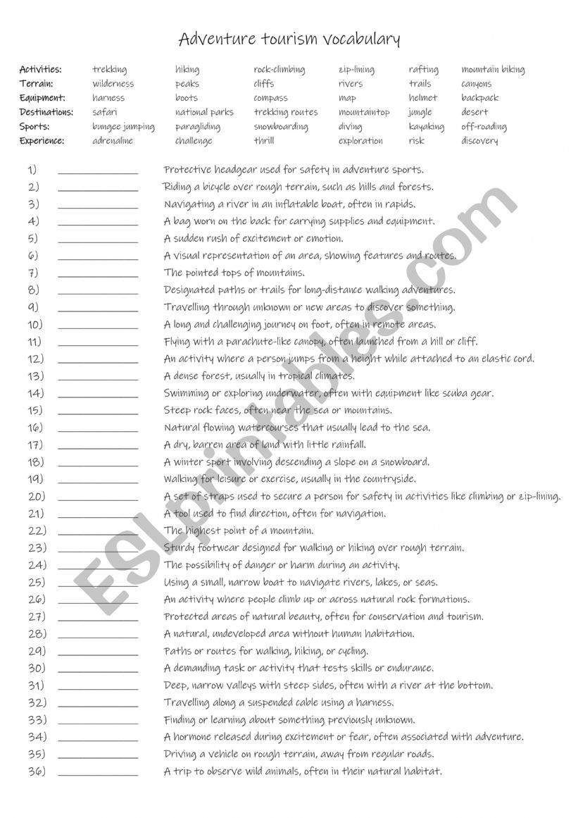 A2+-B1 Adventure tourism vocabulary