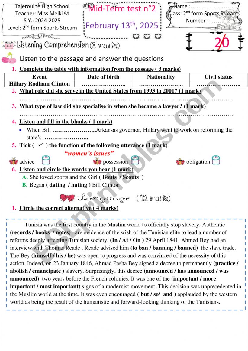 mid term test 2 2nd form worksheet