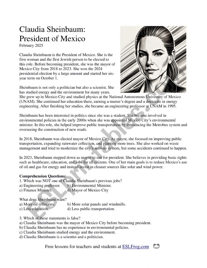 Claudia Sheinbaum: President of Mexico (Reading Comprehension with Vocabulary Warm-Up)