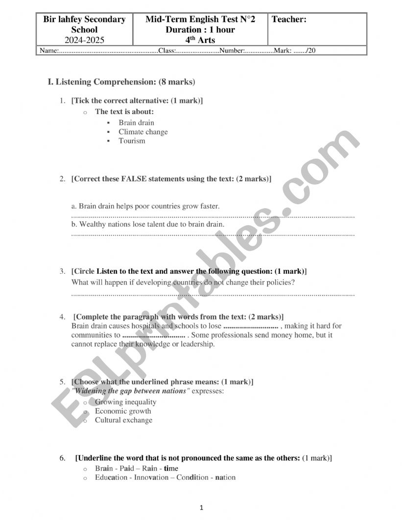mid-term 2 Fourth Forms Secondary (Bac)
