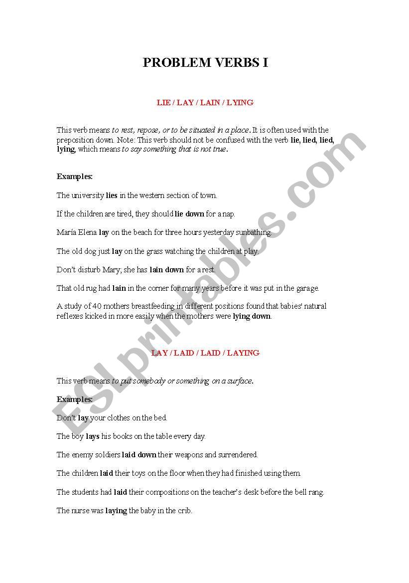 Problem Verbs I worksheet