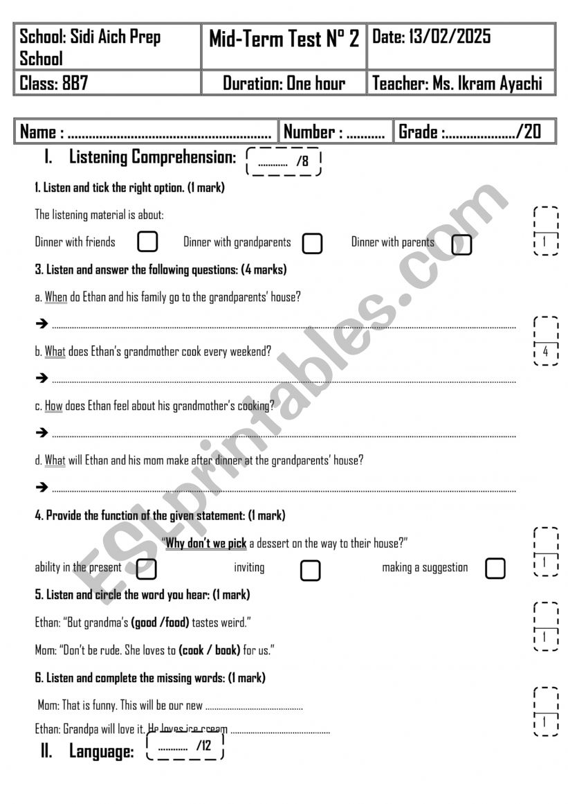 8th Grade - Mid-Term Test 2 worksheet