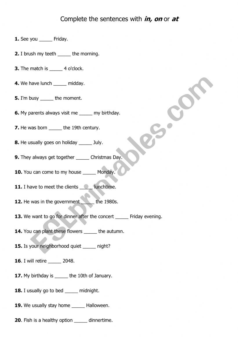At On In Worksheet worksheet