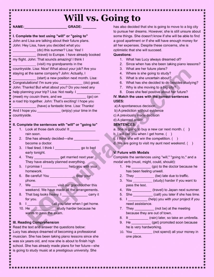 WILL- GOING TO worksheet