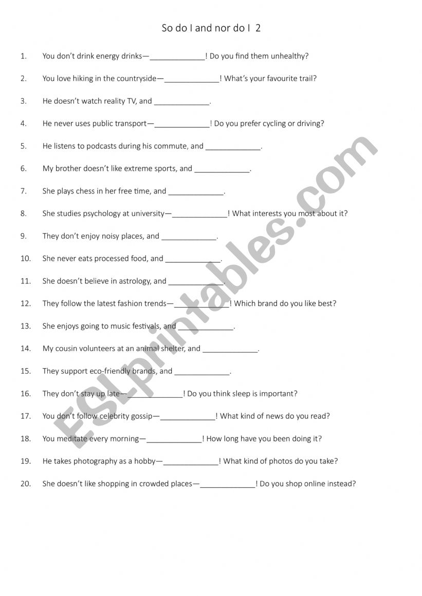 So do I and nor do I  2 worksheet