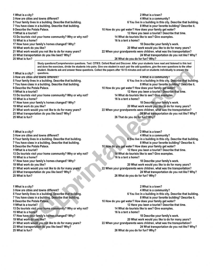 Level Two: Oxford Read and Discover. CITIES. Study/Comprehension/Homework Questions.