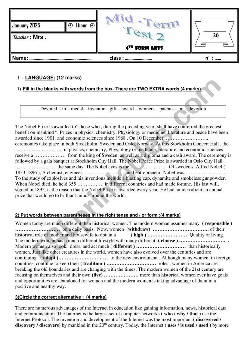 mid term test 2 ( 4th form ) worksheet