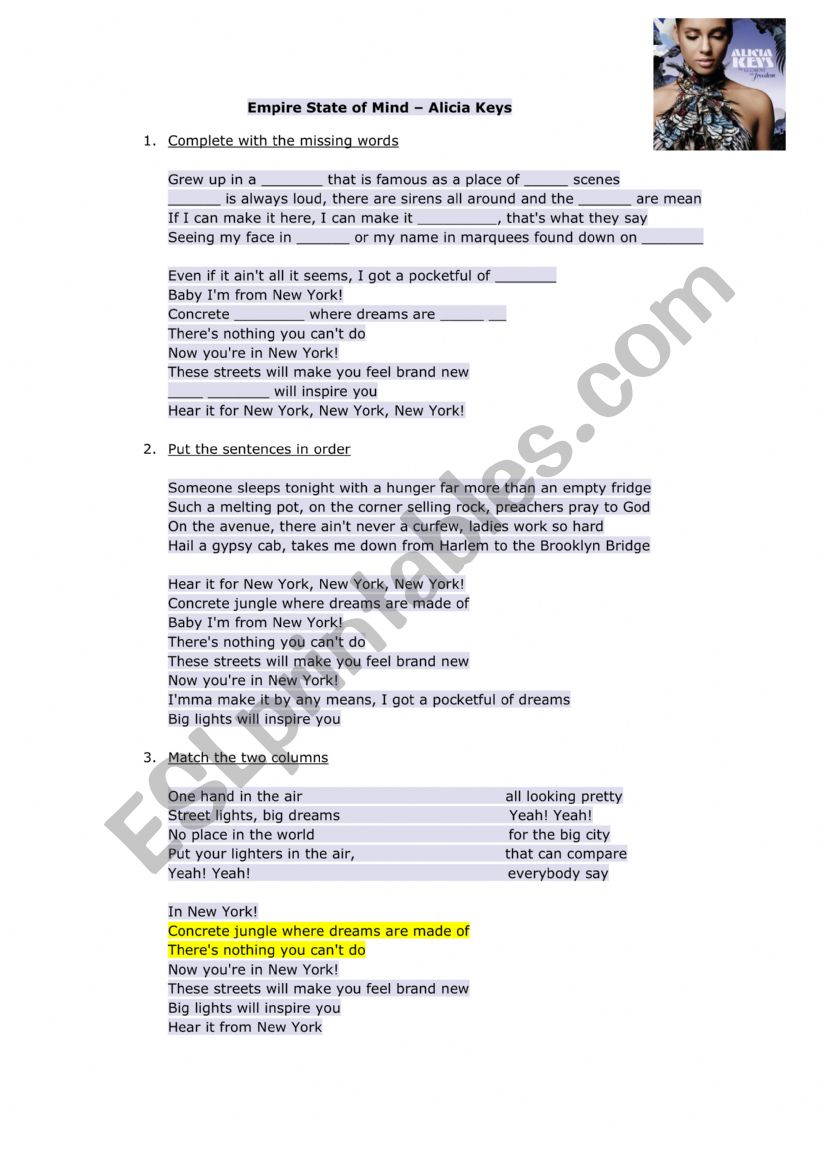 Empire State of Mind worksheet