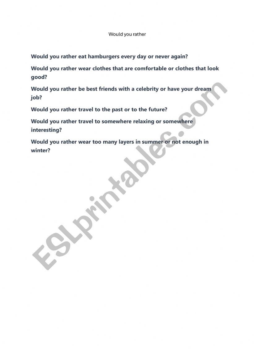 would you rather  worksheet