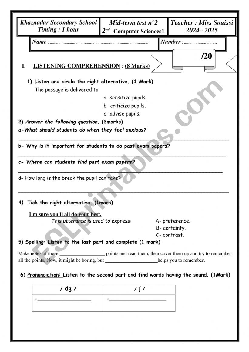 mid term test 2nd form n2 worksheet