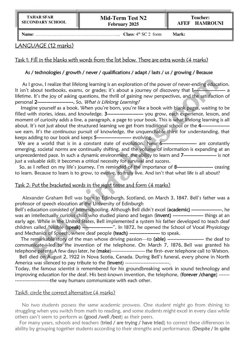 bac mid term test 2 tunisian syllabus