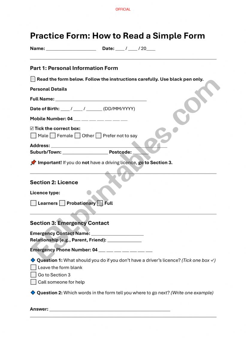Filling in a form worksheet