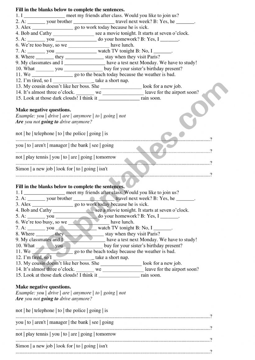 to be going to exercises  worksheet
