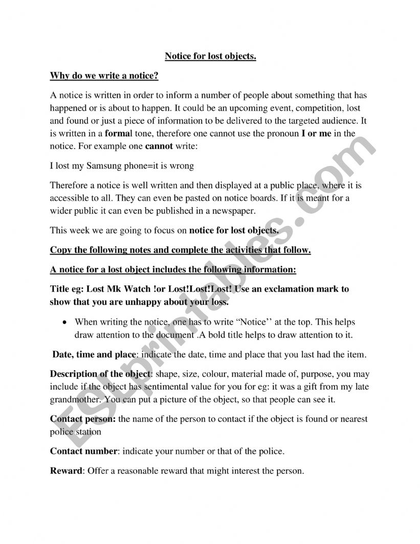 notice writing worksheet