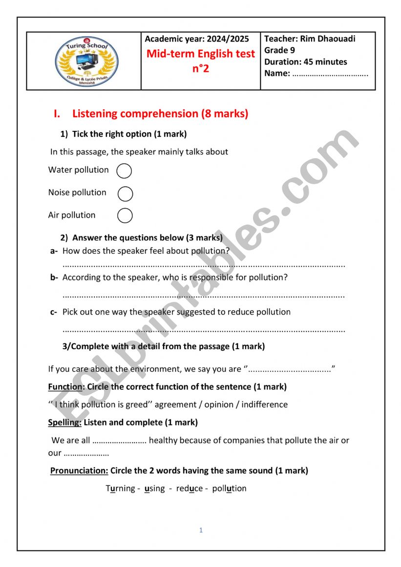 mid term test 2 for 9th formers 