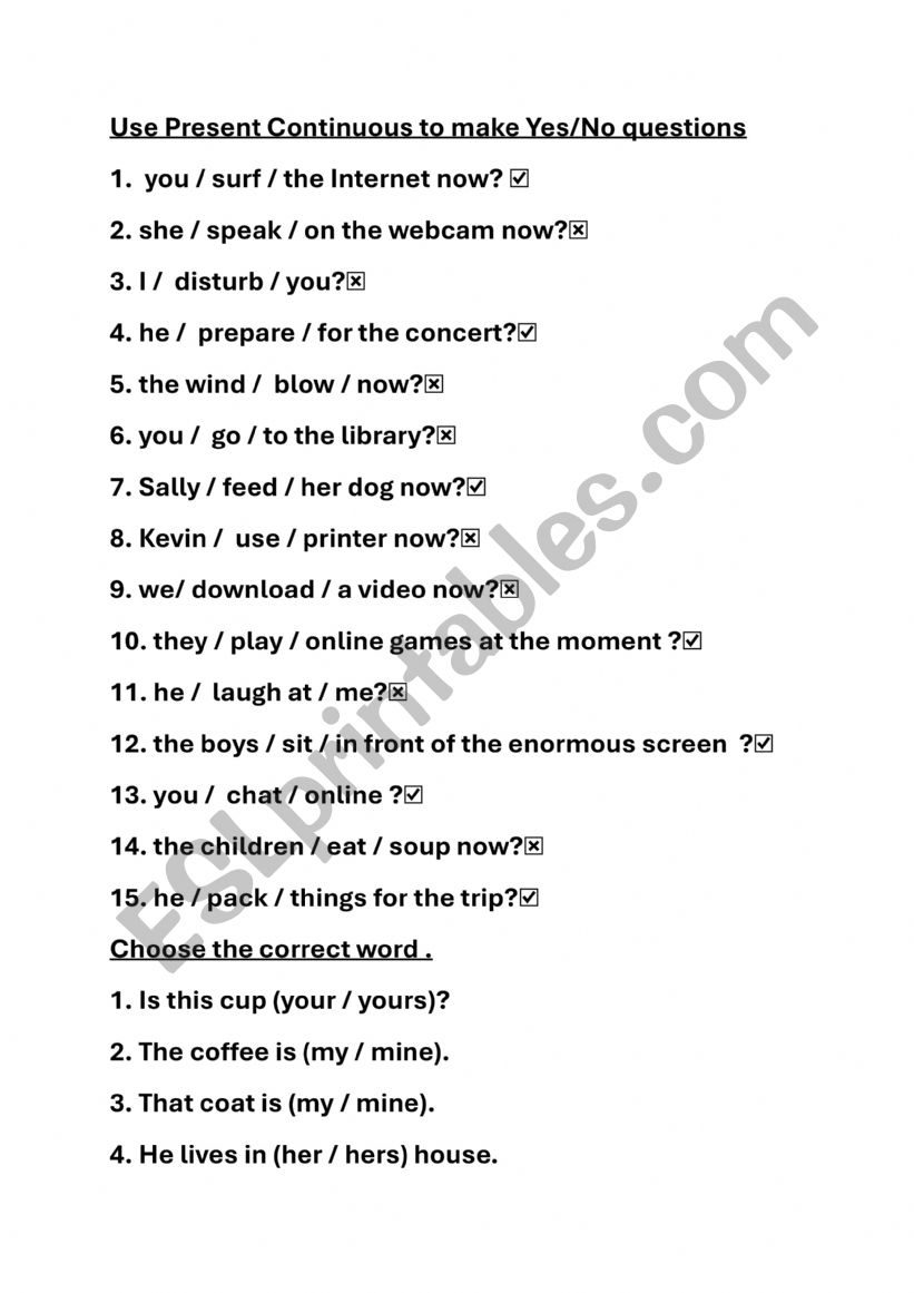 Worksheet Use Present Continuous to make Yes/No questions, Choose Possessive adjective or pronoun