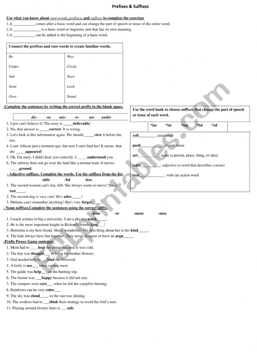 prefixes and suffixes worksheet